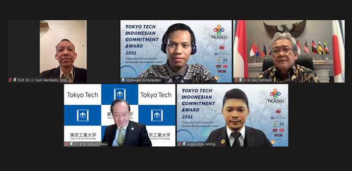 TICA Grand Seminar (Clockwise from upper left): Educational Attaché Wardiatno, TICA 2021 Managing Director Mutawakil Al-Muqadasi, Ambassador Heri, Chairman of Tokyo Tech Indonesian Students Association Augie Atqa, President Masu