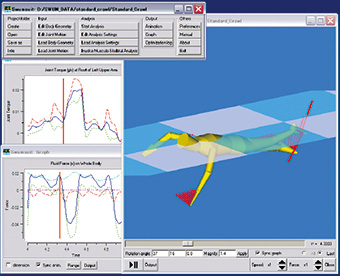 This is an analysis diagram of the crawl utilizing SWUM. The red lines shown from the body indicate the fluid forces influencing each part of the body.