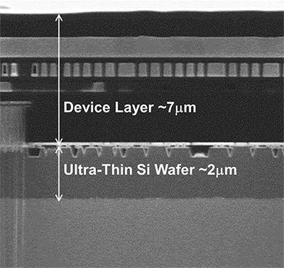 WOWプロセスを用いて2-μm台まで薄化したDRAMの断面電子顕微鏡写真