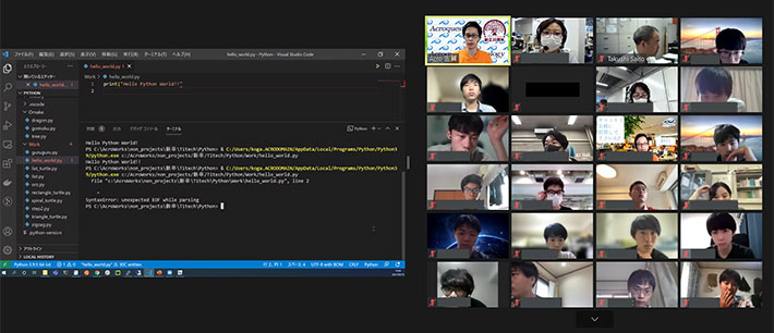 コードを学ぶ学生たちと講師のアクロクエストテクノロジー社の古賀氏(左上)