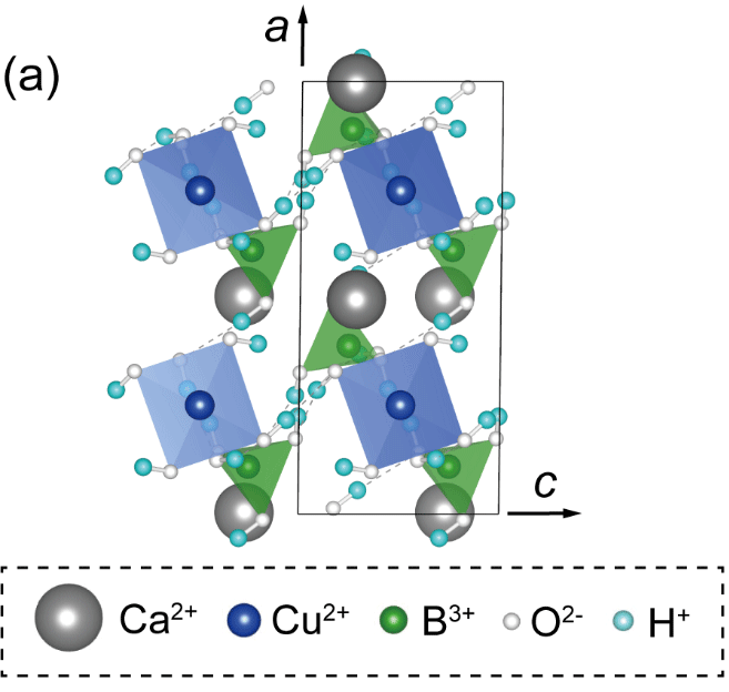 (a)本研究で決定した逸見石の結晶構造。aとcは結晶軸を示す。