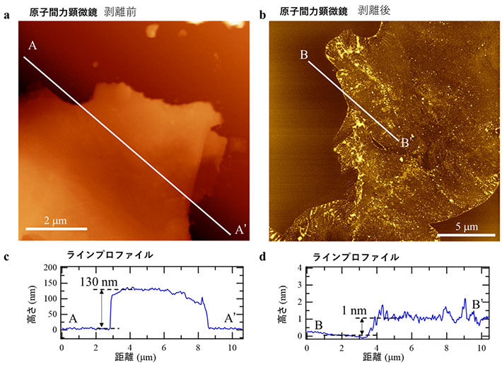 図4 (a)菱面体硫化ホウ素、および(b)これより剥離した硫化ホウ素シートの原子間力顕微鏡観察結果。(c)と(d)は、A-A‘とB-B’の間の試料の厚み(ラインプロファイル)をそれぞれ示している。