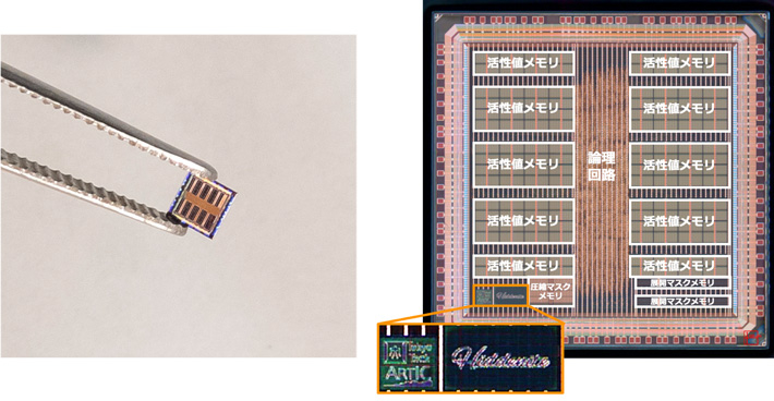 図4 隠れニューラルネットワーク理論に基づくDNN推論アクセラレータLSI:ヒデナイト(Hiddenite)チップ