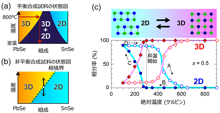 図3. (a) PnSe-SnSeの平衡相状態図。(b) 高温固相反応+急冷処理によって作製した(Pb1-xSnx)Seの相状態図。(c) 温度に対する、(Pb0.5Sn0.5)Se固溶体の2D構造相(青)と3D構造相(赤)の相分率の変化。