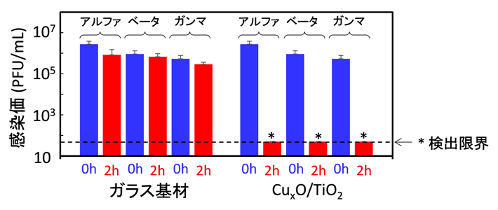 図4. 新型コロナウイルス(アルファ株、ベータ株、ガンマ株)の不活化試験結果。青は初期のウイルス量で、赤は白色蛍光灯を2時間照射した後のウイルス量。光照射は図3と同様に白色蛍光灯を用いた。