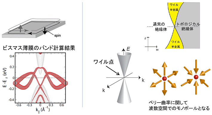 (左)ビスマス薄膜でのトポロジカル絶縁相の理論予言。(右)ワイル半金属の理論提案