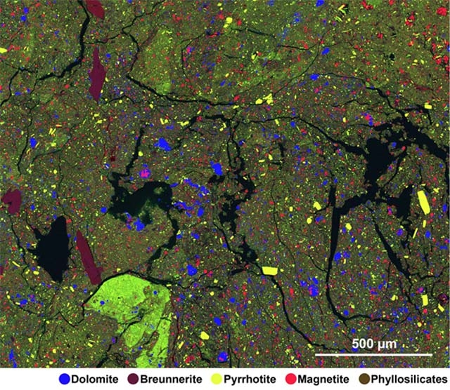 図2 リュウグウ試料の構成鉱物。この図上で認識できる鉱物はすべてリュウグウの母天体上で水質変成によりできた二次鉱物。(© Yokoyama et al., 2022より)