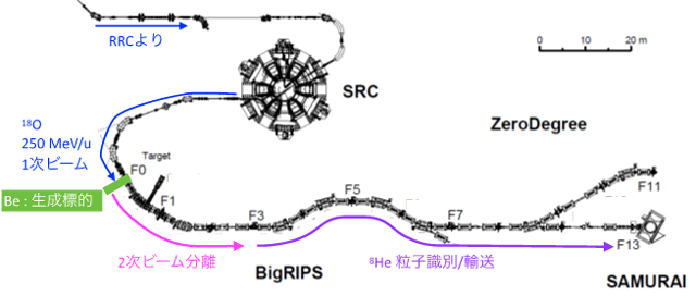図1 RIBFのSRC-BigRIPSおよびSAMURAIの鳥瞰図 RRC(リングサイクロトロン)、SRC(超伝導リングサイクロトロン)で加速された1次ビームの18Oビームをベリリウム(Be)生成標的に照射し、2次ビームとして8He核を生成した。この8He核を、BigRIPS(超伝導RIビーム生成分離装置)を用いて分離し、ビームとしてSAMURAIスペクトロメータ(多種粒子測定装置)の標的位置に供給し、液体水素標的に照射した。