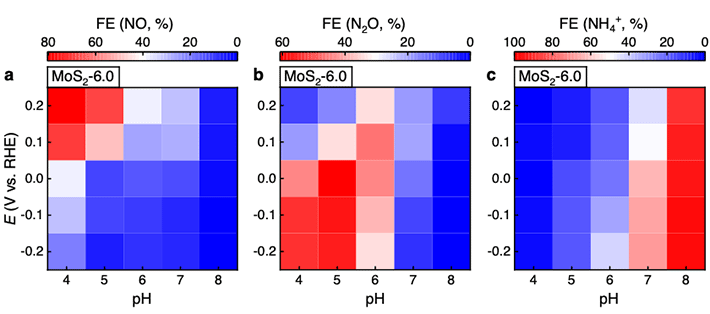 図2 モリブデン硫化物(MoS2-6.0)における選択性のpH-電位依存性 生成物(a:NO、b:N2O、c:NH4+)ごとにパネルが分かれている。選択性はファラデー効率(FE:全電流に対する生成物に寄与した部分電流の割合)の値で評価した。