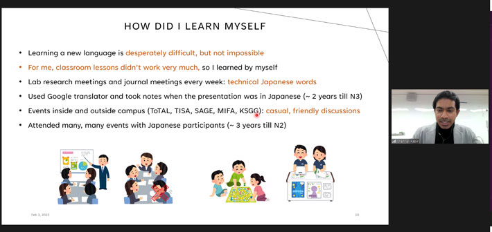 日本語の勉強方法について話すカビール・シャリアルさん(工学部電気電子系 博士後期課程3年)