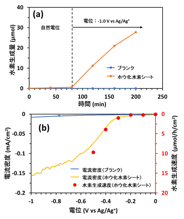 図2. 電位（-1.0 V vs. Ag/Ag+）を印加した場合の水素生成量 (a), 各電位における電流密度と水素生成速度 (b).