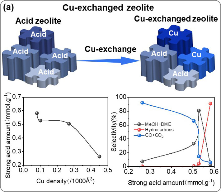 (a) Cu密度と強い酸点量の関係(左)および 強酸点増加に伴う生成物選択率の推移 (TOS= 1.16 h)。