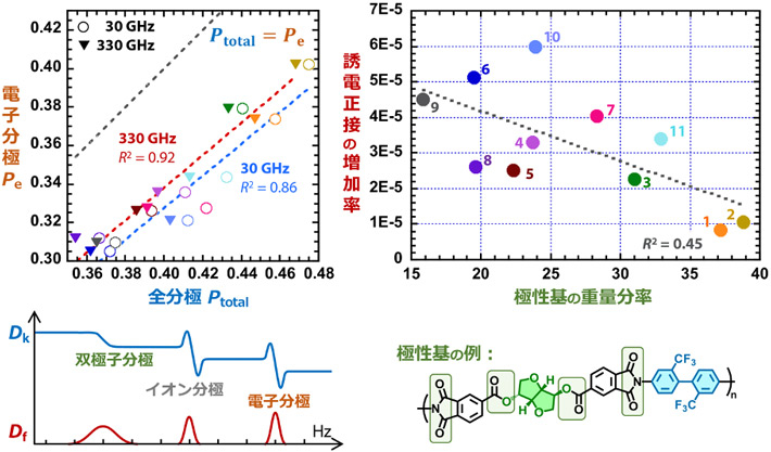 図3 11種類のポリイミドにおける（左）全分極と電子分極の相関と、（右）極性基の重量分率と誘電正接の増加率の相関。 