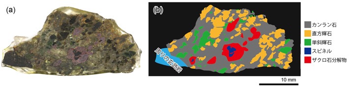 図1 アイツタキ島産のマントル捕獲岩の切断断面と鉱物分布解釈図 (a) 岩石の切断面イメージ。 (b) 岩石を構成する鉱物分布解釈図。左下の水色は、マントル捕獲岩の周りの玄武岩部分。マントル捕獲岩は、カンラン石[用語5]-直方輝石[用語6]-単斜輝石[用語7]-スピネル[用語8]-ザクロ石[用語9]分解物（細粒鉱物集合体）から成ります。