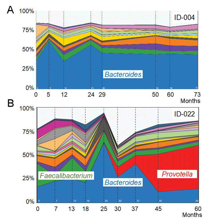 図1 FAP患者さんの腸内細菌叢の経時的な変化 A. 大腸がんが発症しなかった患者 B. 大腸がんが発症した患者（細菌の属レベルで分類）