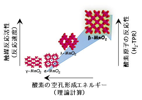 図3. 実験結果(触媒反応活性・酸素原子の反応性)と理論計算結果(酸素の空孔形成エネルギー)の関係