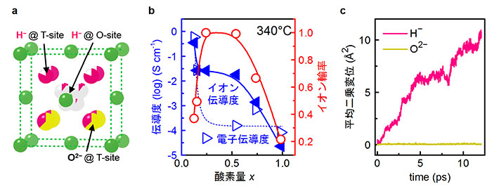 (a)LaHLaH3−2xOxの結晶構造。T-site: 四面体サイト、O-site: 八面体サイト。(b)340 ℃でのイオン伝導度(青左三角)、電子伝導度(青右三角)およびイオン輸率(赤)の組成依存性。(c)第一原理分子動力学 シミュレーションにおけるH-とO2−の平均二乗変位