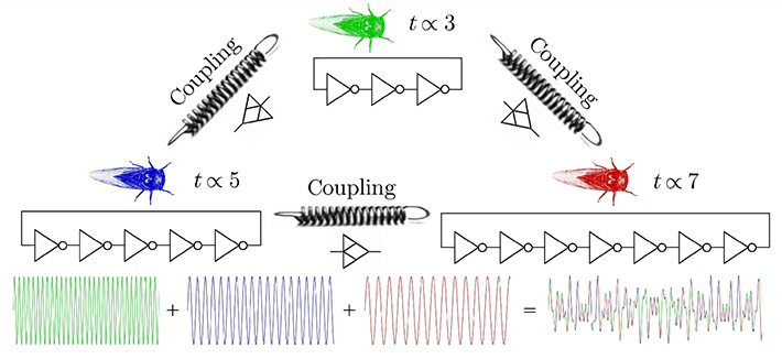 図1. 動作原理:今回の回路設計は例えば小さい順に3つの素数(3、5、7)の長さのリング型発振器を互いに接続させるというシンプルなアイデアで構成されている(上)。単純なサイン波を合成した場合でも複雑に見える信号が生成される(下)。実際の発振器を用いた場合には、さらに多くの相互作用がもたらされる。