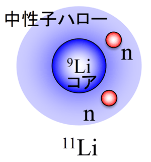 図1. 典型的な中性子ハロー核の例:11Liは、9Liコアの周りに2個の中性子からなる外縁部「中性子ハロー」を持つ。